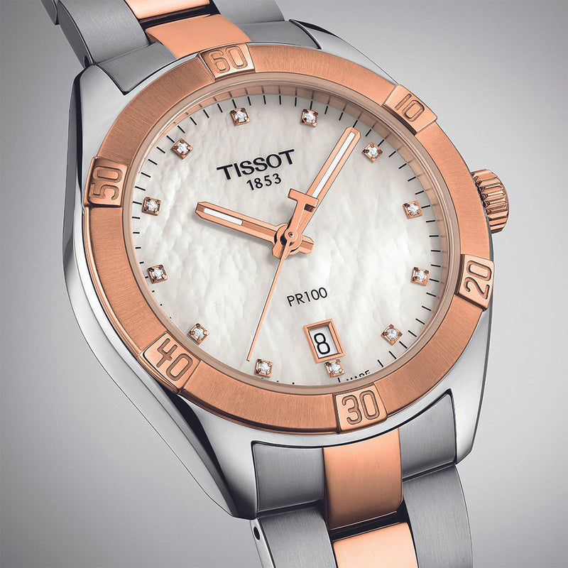 Tissot T-Classic PR100 White Mother of Pearl Two Tone Ladies Watch