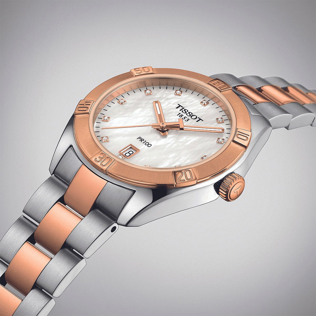 Tissot T-Classic PR100 White Mother of Pearl Two Tone Ladies Watch