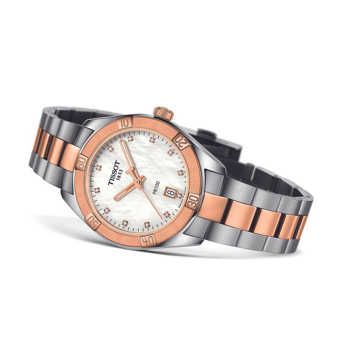 Tissot T-Classic PR100 White Mother of Pearl Two Tone Ladies Watch