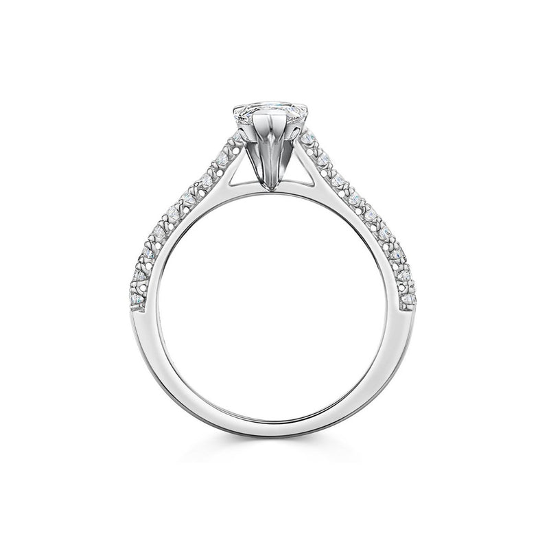side angle of diamond engagement ring with scintillating diamond set shoulders