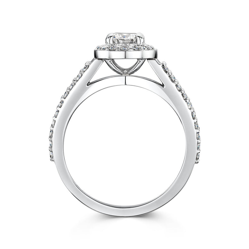 side angle of silver coloured split shoulder engagement ring